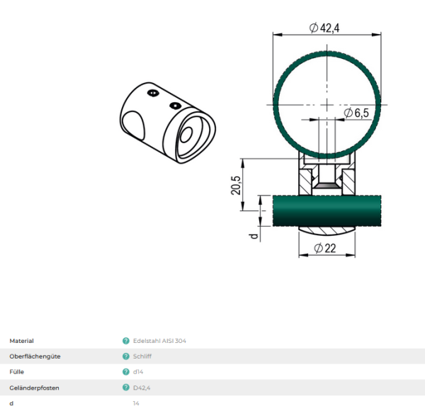 Querstabhalter Ø14,0 mm/Ø42,4 mm DURCHGEHEND Traversenhalter Reling Geländer Relinggeländer V2A Edelstahl